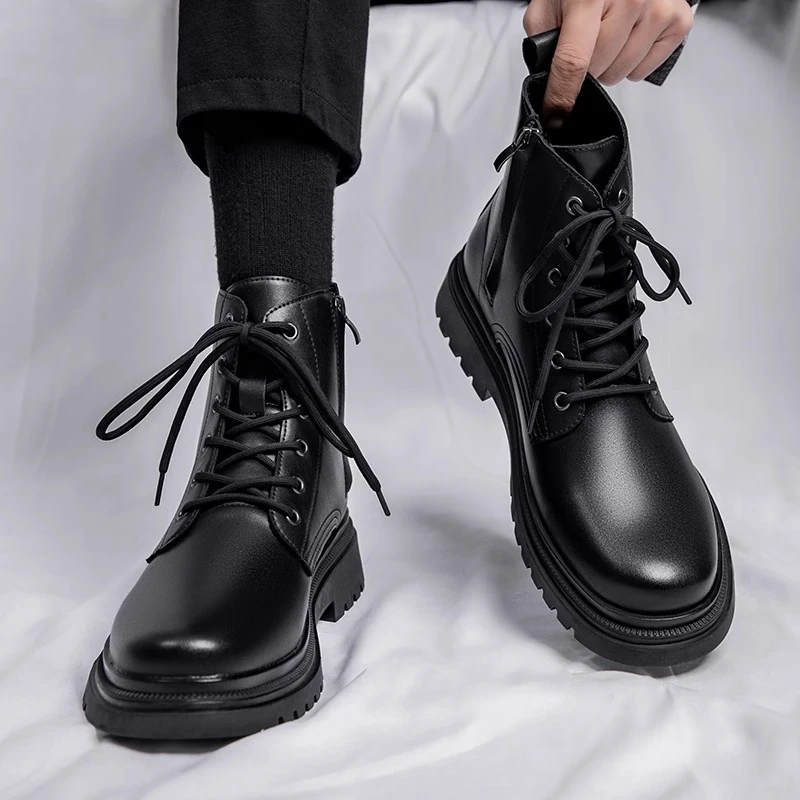 潮牌侧拉链真皮马丁靴男高帮皮鞋秋冬加绒英伦风黑色厚底增高短靴