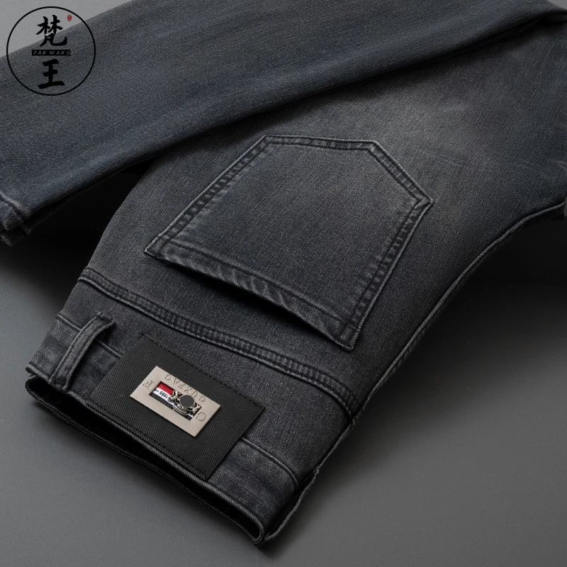 FANWANG/梵王秋冬牛仔裤男弹力高端灰色欧版修身小直筒休闲长裤子