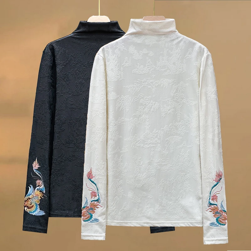 舒适内搭！国风绣花打底衫女秋冬磨毛提花小衫新中式半高领长袖T恤