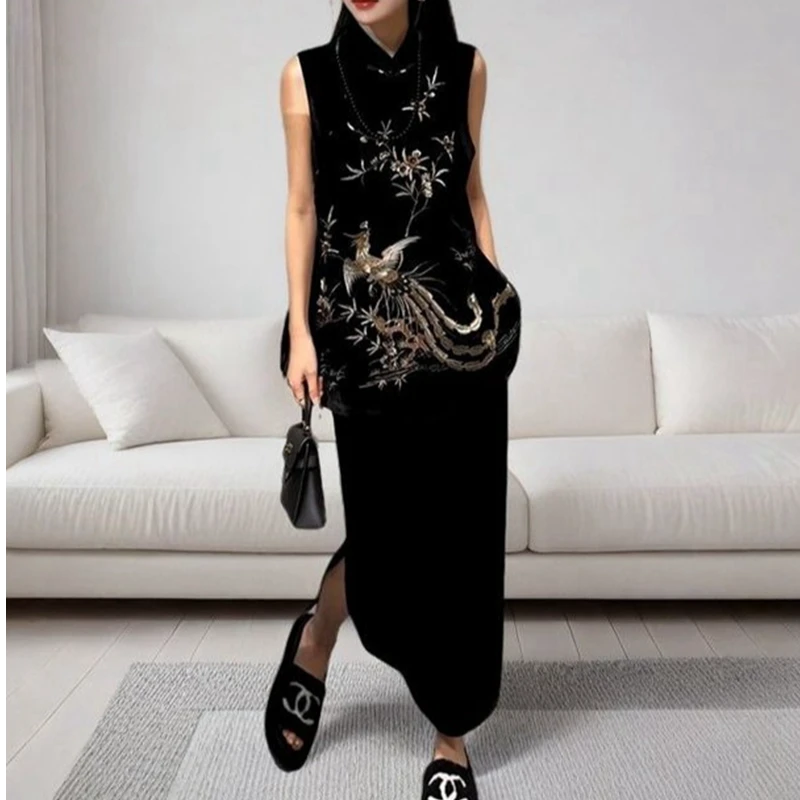 重工刺绣斜襟中式马甲背心女秋冬中长款丝绒马夹中国风无袖上衣