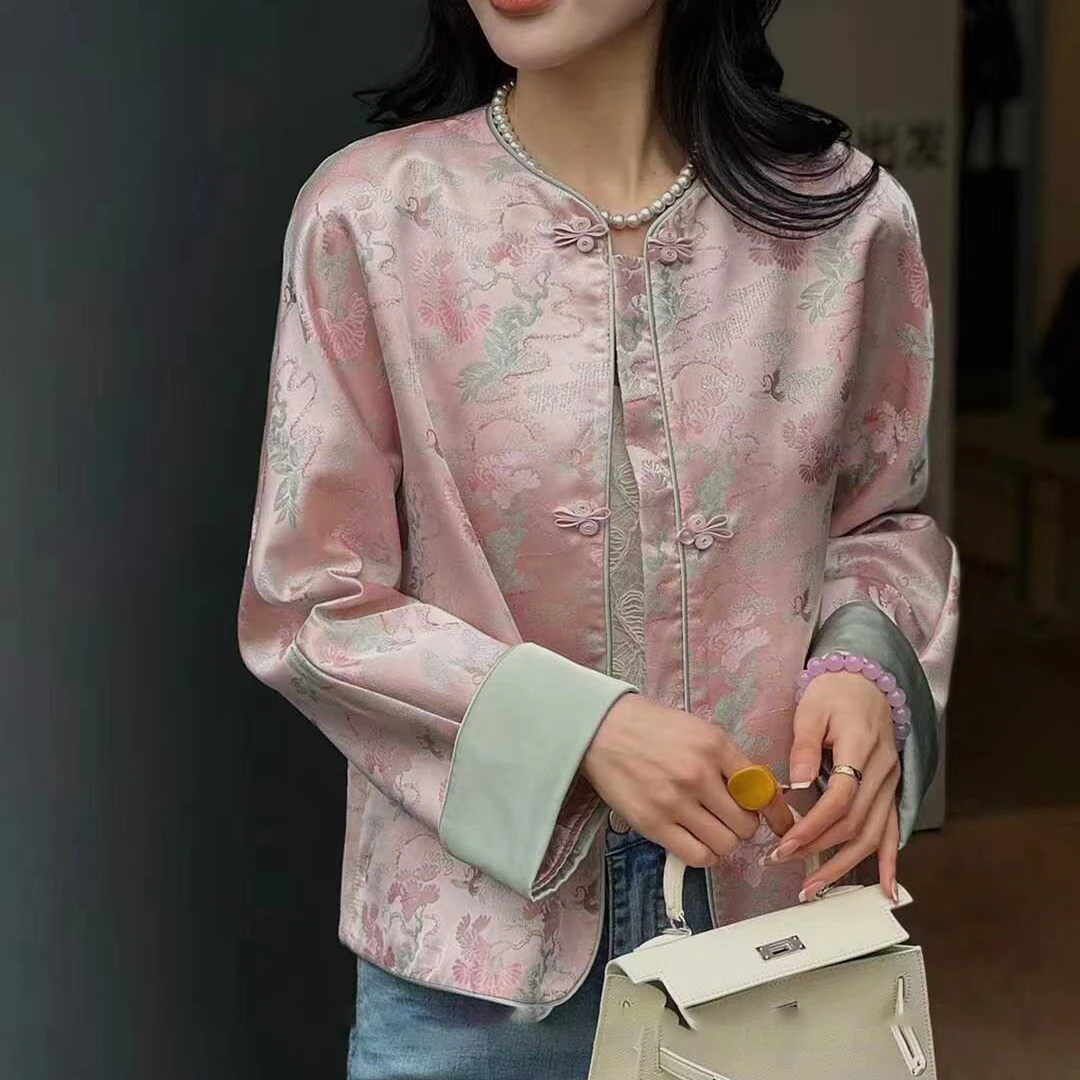 【白鹤松间】新中式上衣女春季花结盘扣时尚印花女装国风提花外套