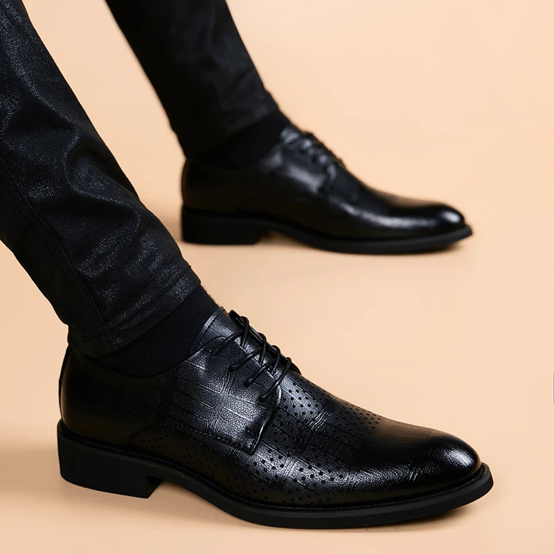夏季镂空透气商务休闲鞋男士英伦风正装皮鞋增高软底男鞋亮皮鞋子