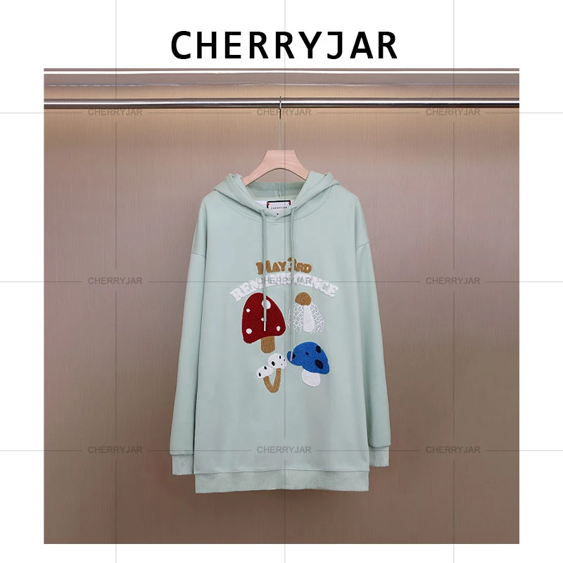 Cherryjar【10313】时尚休闲百搭纯色连帽卫衣植绒蘑菇图案印花长袖