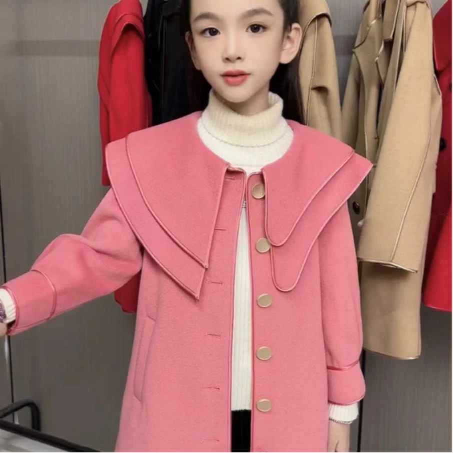 2024年新款～羊毛大衣外套028儿童中长款翻领洋气时尚女童中大童