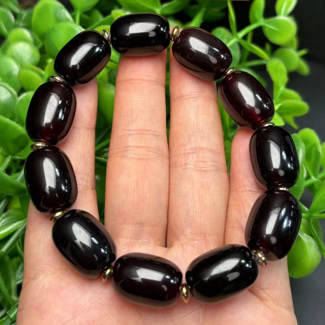 S6183（玉姐珠宝）暗红桖灵參珀 玛瑙黑桶珠手串-送礼佳品