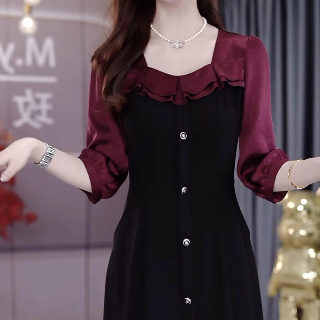 【万达撤柜】高档次气质时尚假俩件礼服裙2024秋季新款方口领七分