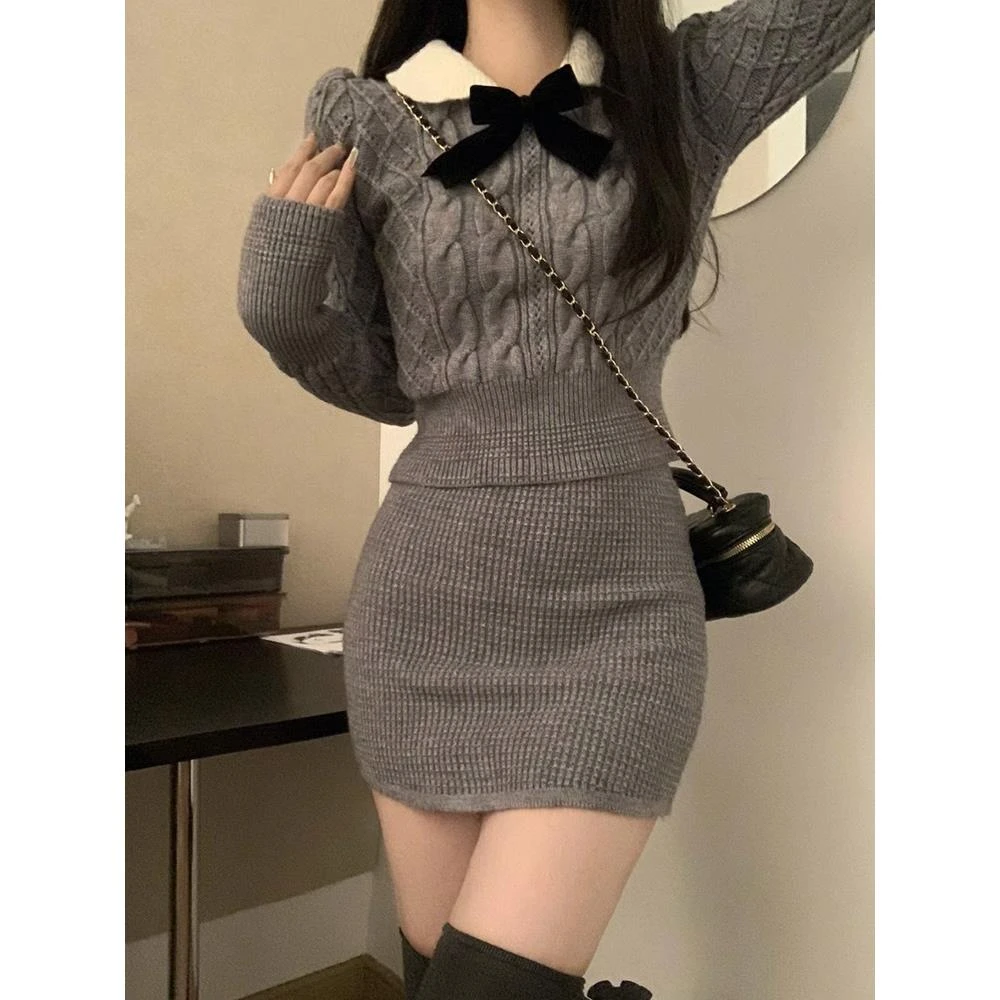 【万达撤柜】毛衣针织连衣裙两件套装女秋冬法式高级感御姐风小个