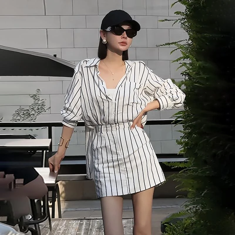 【万达撤柜】夏装搭配一整套黑白条纹衬衫连衣裙女御姐风情万种裙