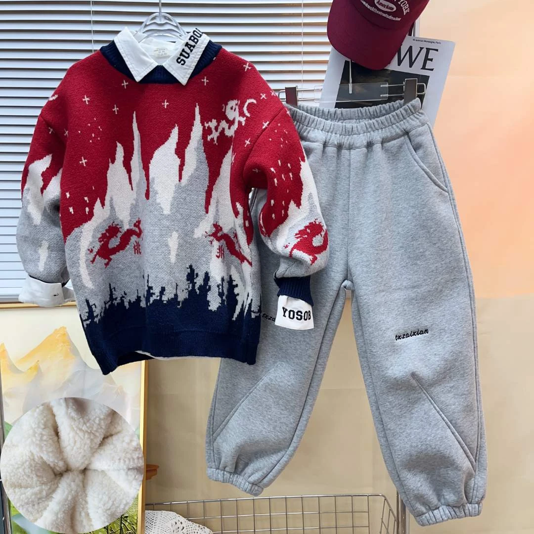 TX-23XY159冬季红色圣诞亲子装韩版撞色洋气炸街毛衣中大童圆领潮