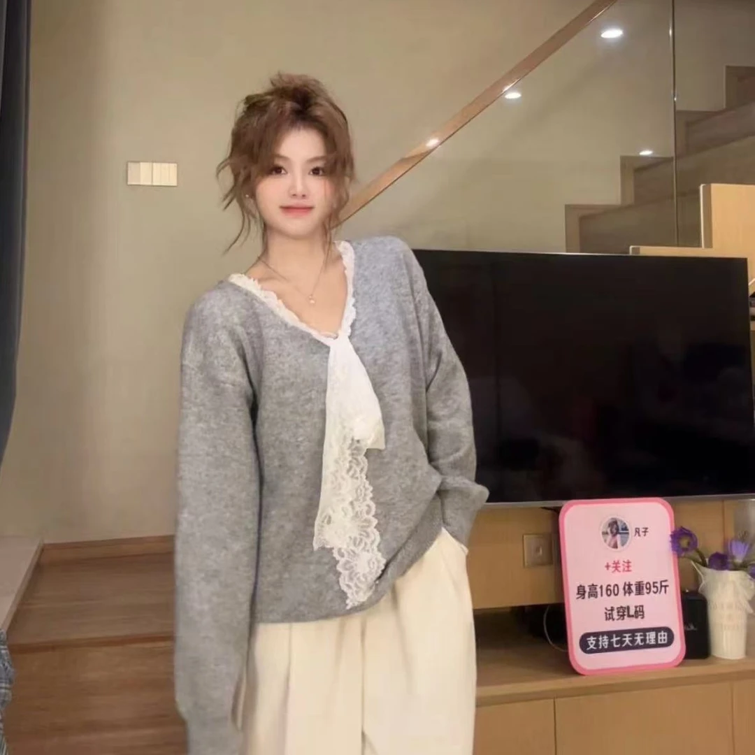 灰色假两件V领蕾丝花边毛衣女秋冬季慵懒风宽松中长款针织衫上衣