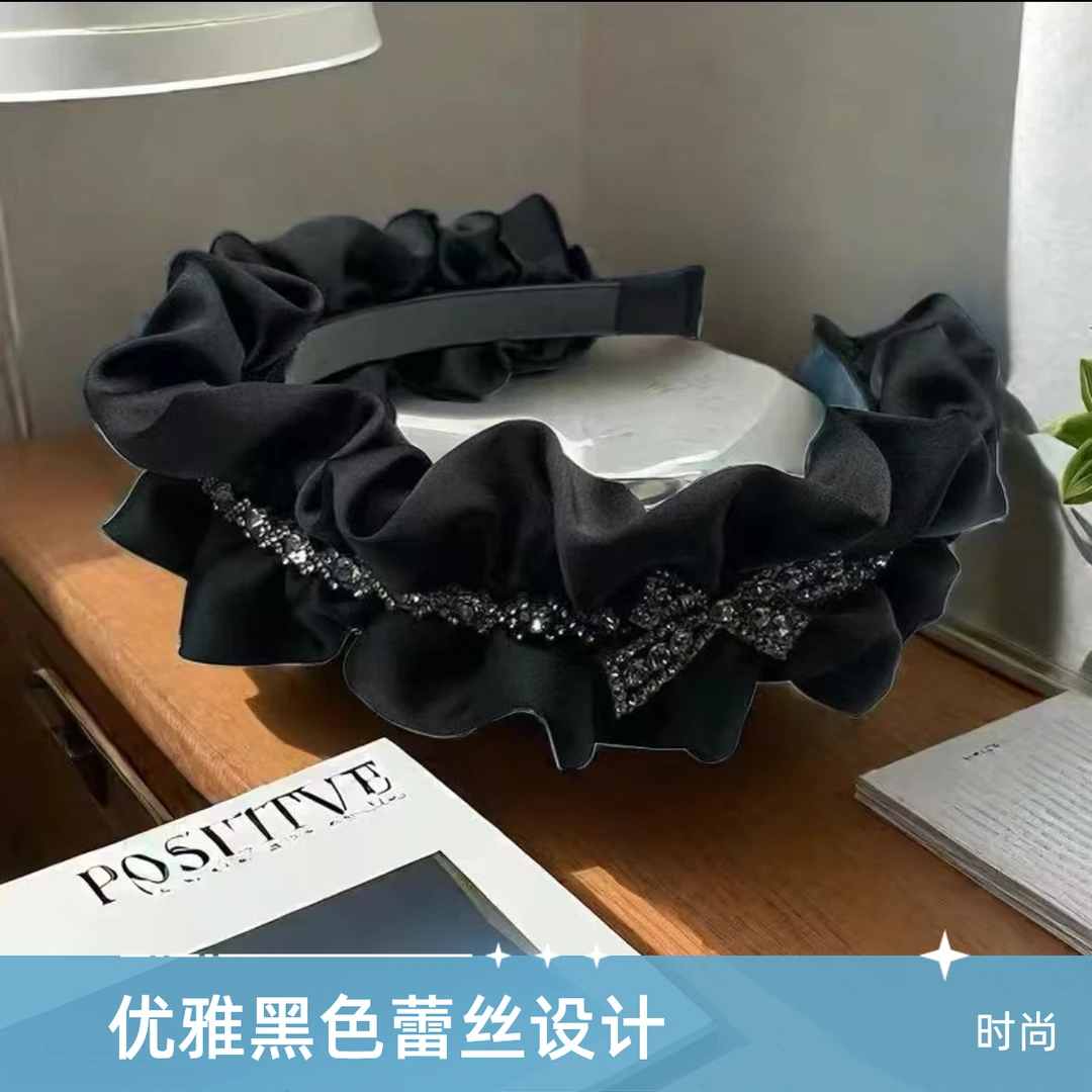 网红时尚缎面褶皱发箍女新款蝴蝶结镶钻气质高颅顶压发洗脸头箍