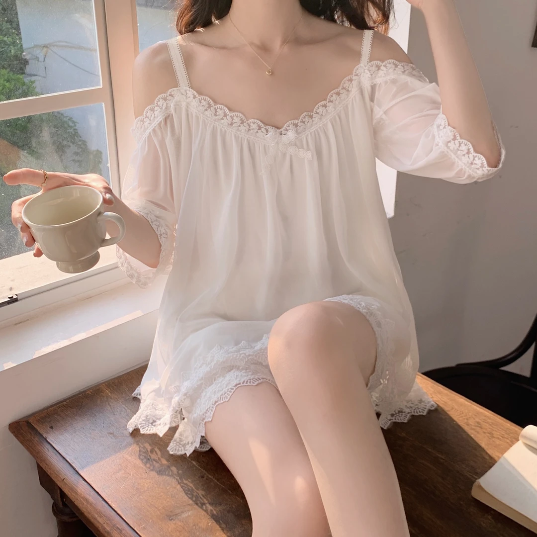 一字肩蕾丝网纱睡衣夏季新款女清新公主风甜美大码家居服套装