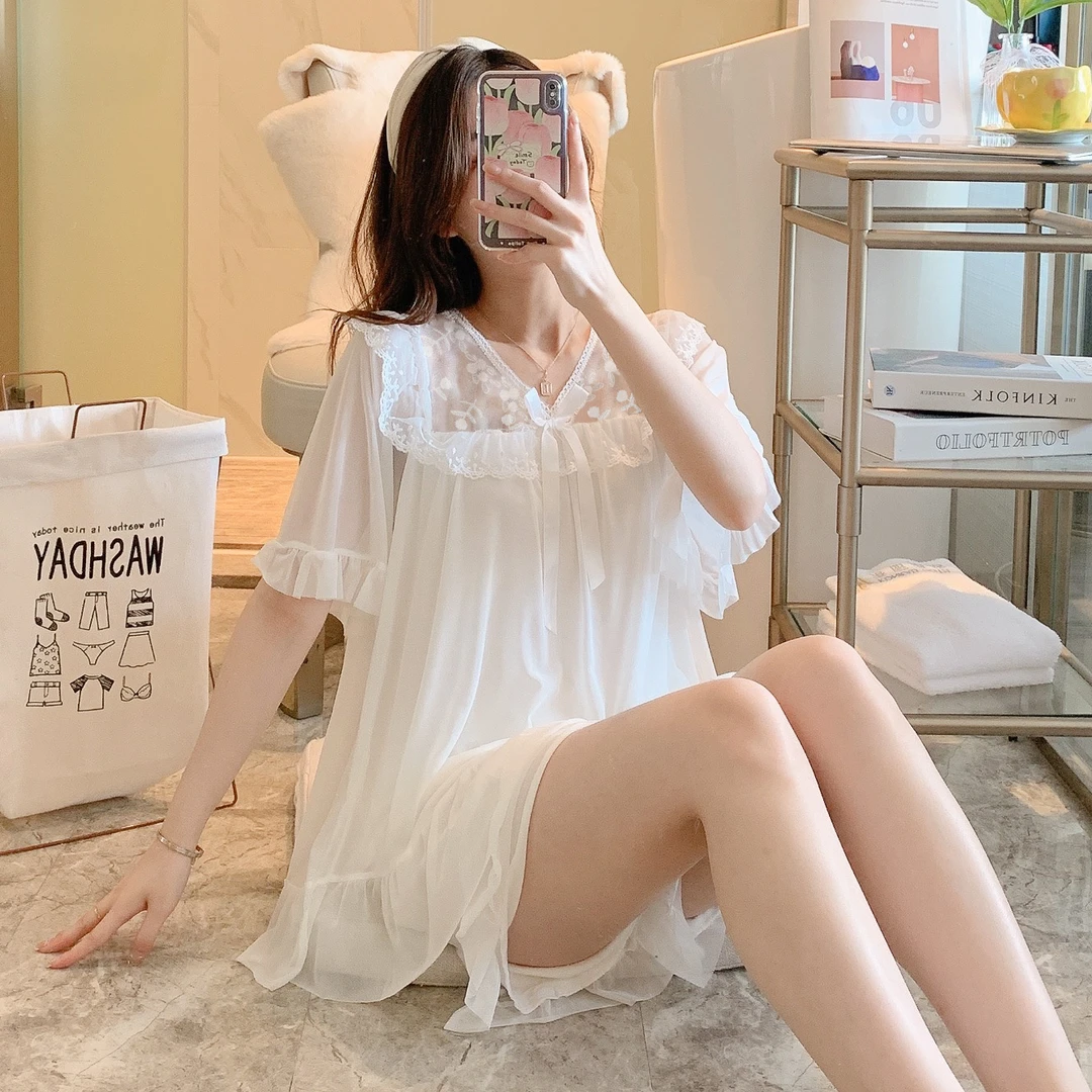【芳芳宠粉】夏季新款蕾丝网纱睡衣女清新公主风甜美夏天家居服纯色