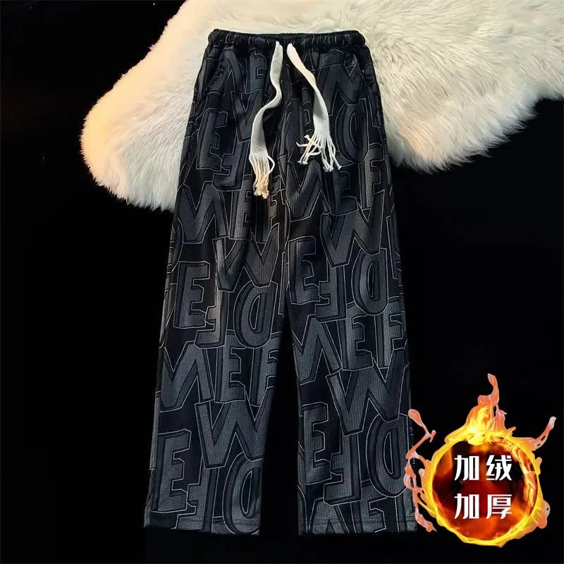 加绒加厚休闲裤子男大码宽松衣服阔腿裤复古直筒扎染灯芯绒长裤