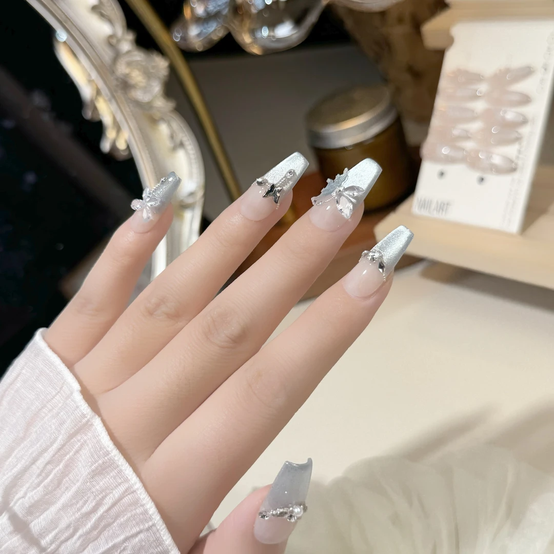 【蓝色猫眼纯色小蝴蝶款】穿戴甲美甲甲片指甲片纯手工猫眼