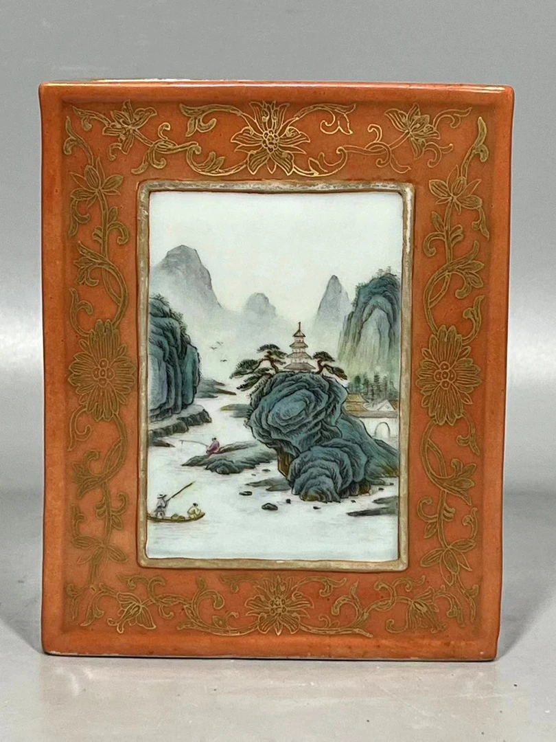 粉彩山水四方镶器