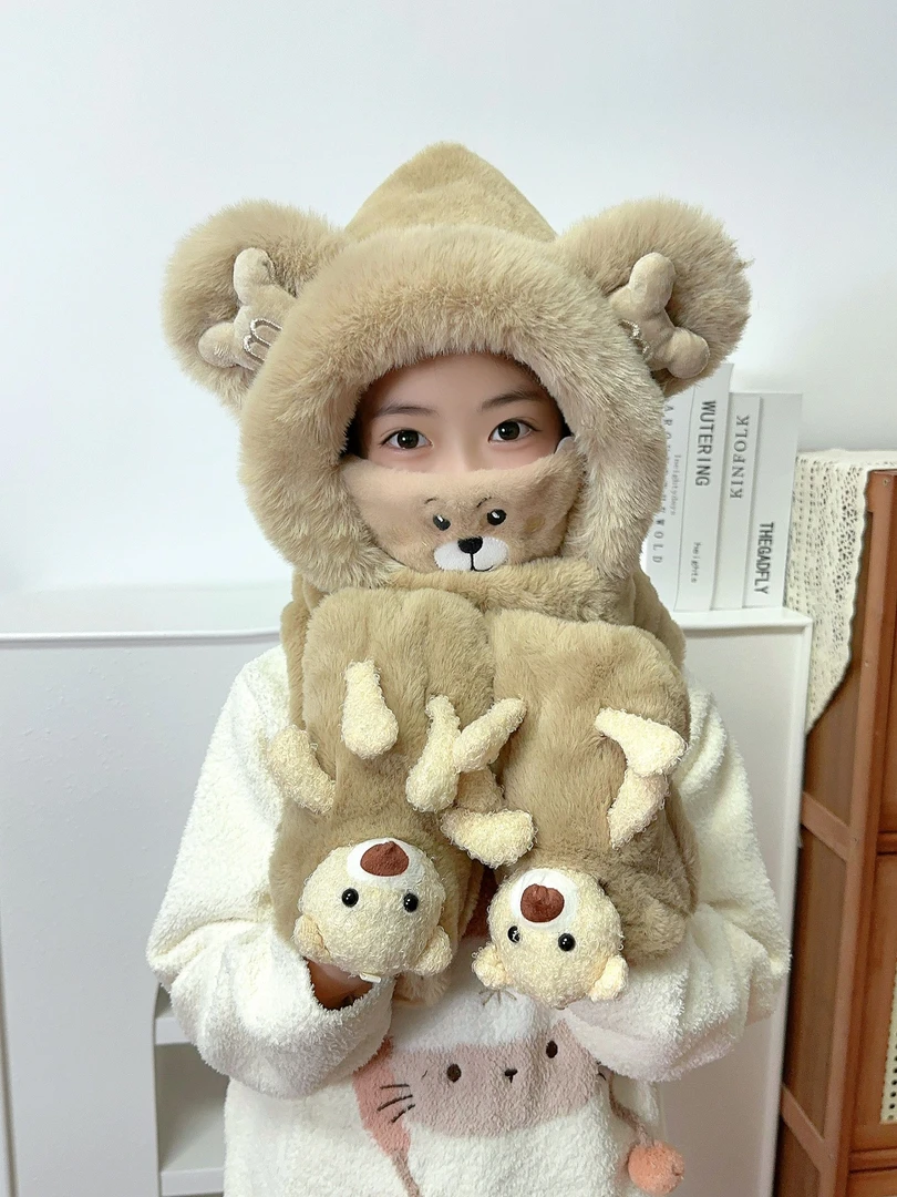 儿童帽子冬季女童围巾一体帽男童宝宝围脖手套三件套口罩防风护耳