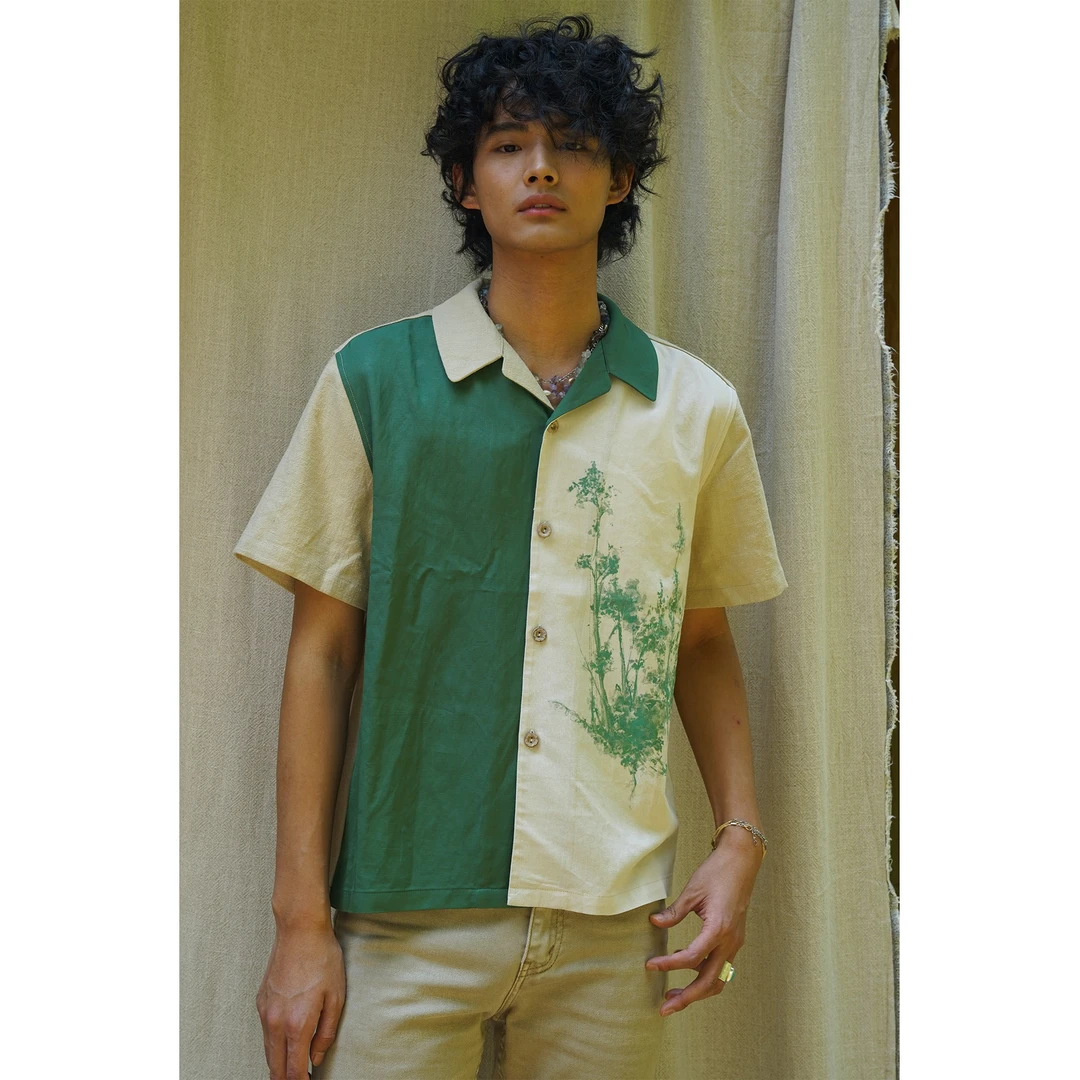 Retro 21 R21 春夏新款 多色百搭棉麻肌理拼接印花古巴领短袖衬衣