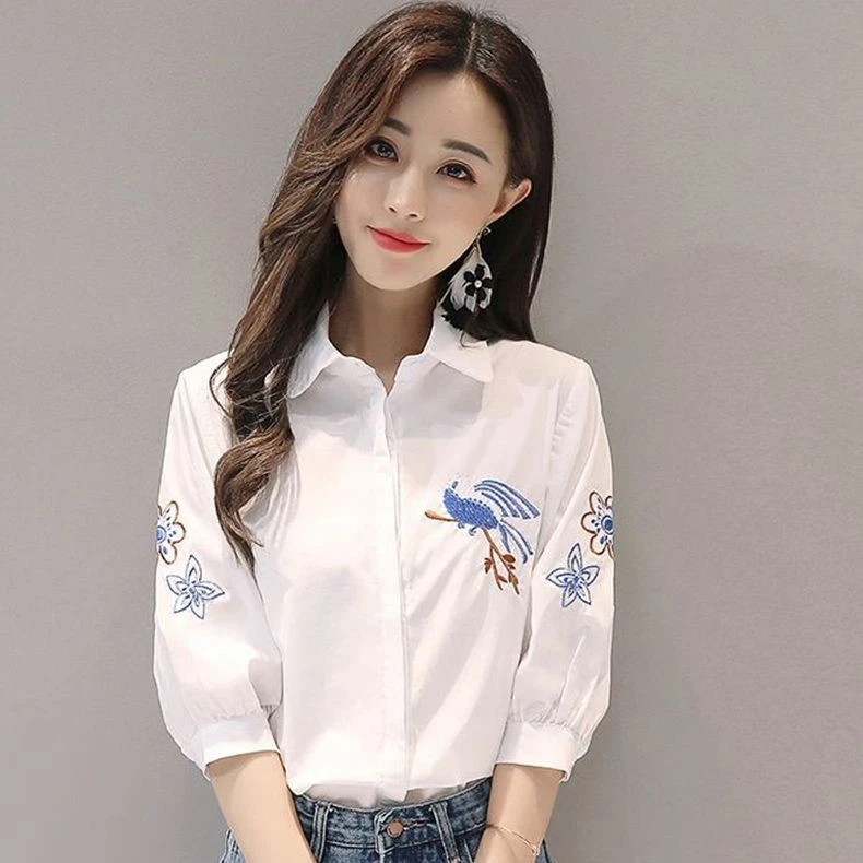 （阿芝专属）小鸟刺绣中袖白色衬衫女款纯棉今年流行高上衣00002