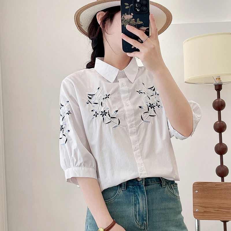 纯棉新中式夏季中袖重工刺绣文艺衬衫白上衣女灯笼袖衬衣女超仙