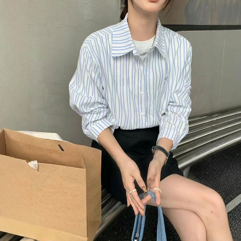 纯棉休闲长袖条纹衬衫女韩版新款春秋蝴蝶结刺绣设计感衬衣上衣女