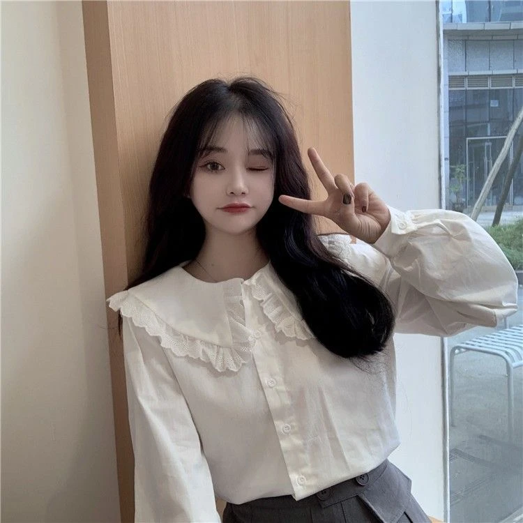 法式娃娃领花边长袖衬衫上衣设计感小众女2024年新款春装别致衬衣