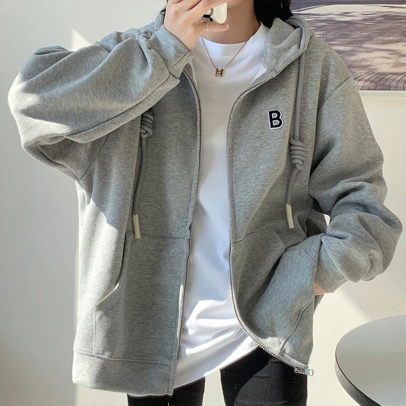 灰色卫衣女春秋季韩版宽松学院风宽松休闲百搭拉链连帽开衫外套