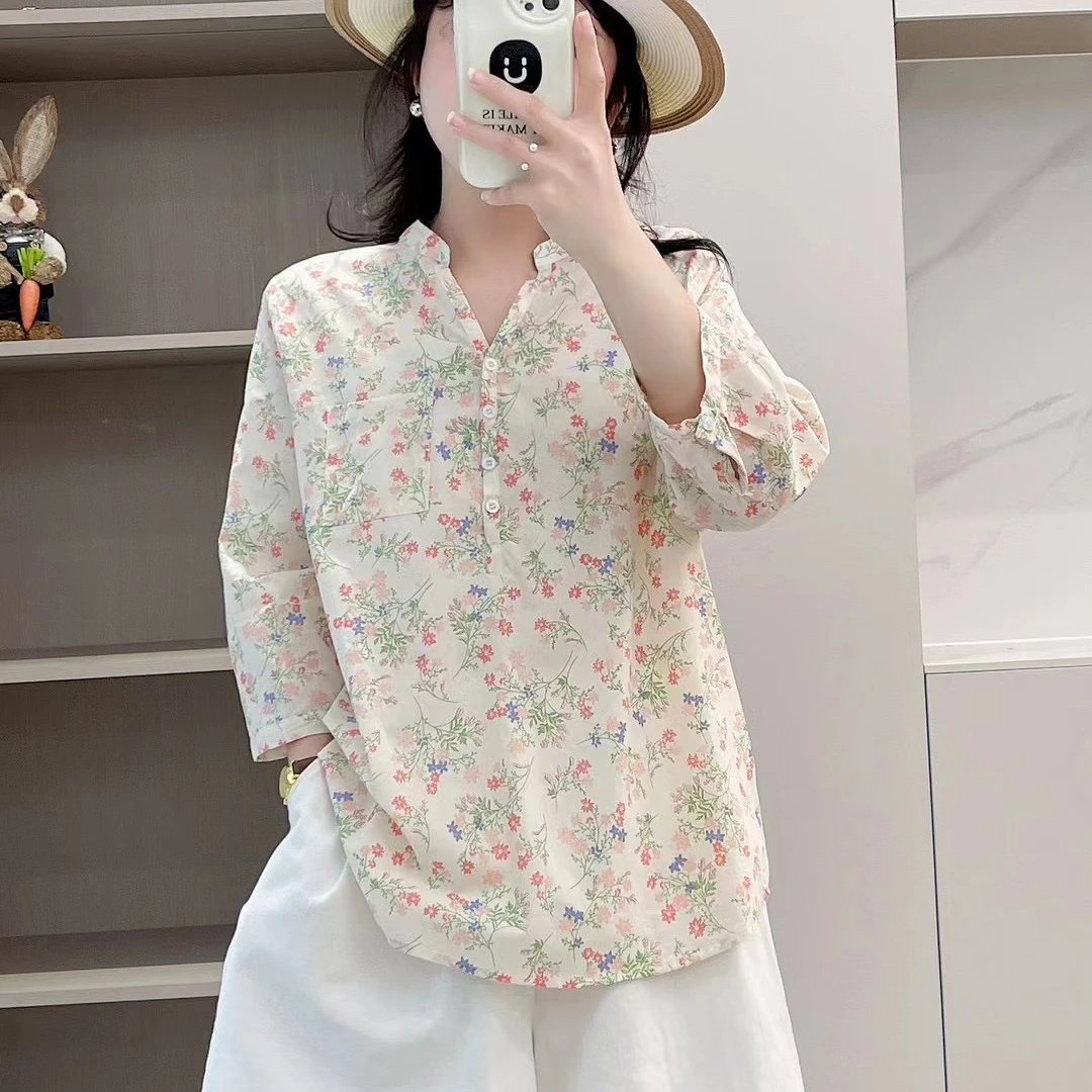 （阿芝专属）碎花纯棉衬衫女夏季套头洋气上衣小衫短袖衬衣00072