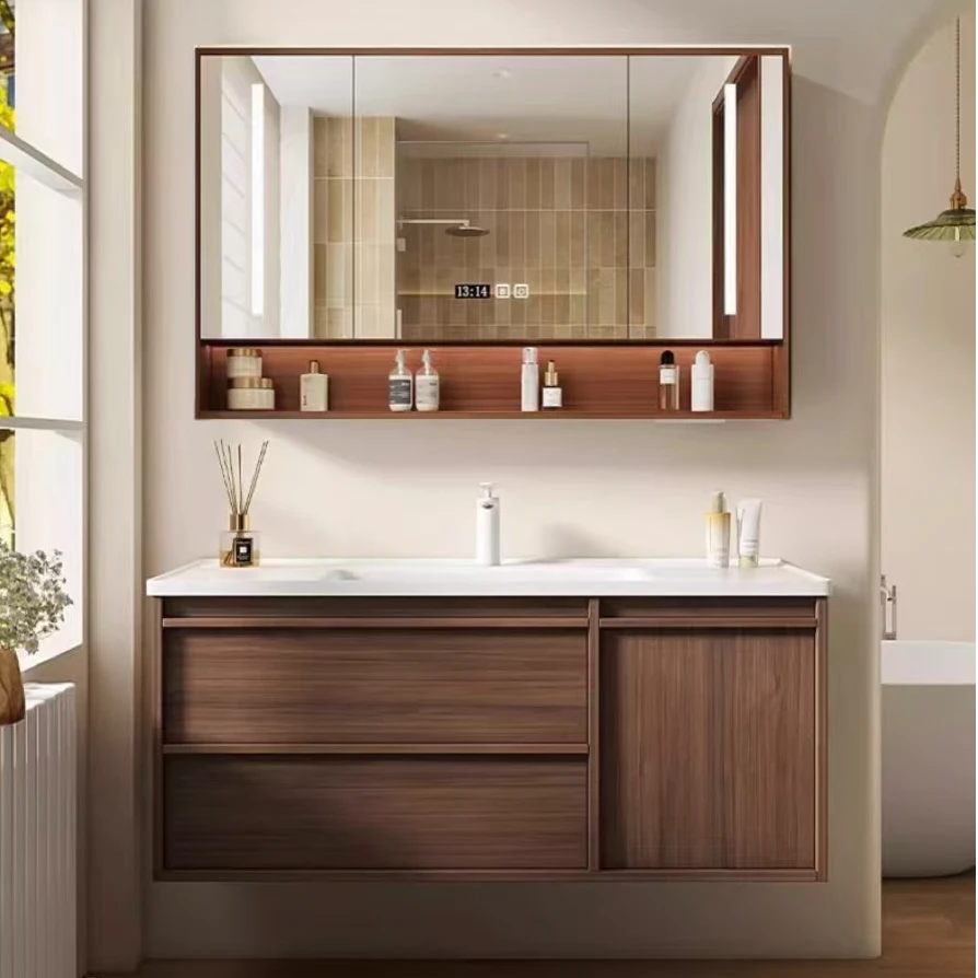 中古风浴室柜陶瓷一体盆浅胡桃木洗手盆柜洗脸盆柜卫生间洗漱台