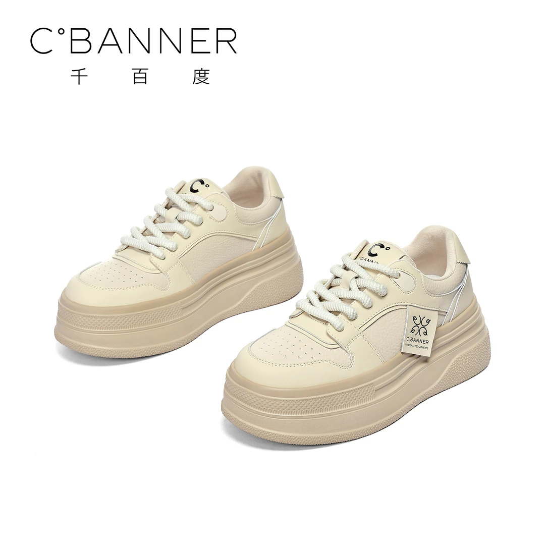 C.BANNER/千百度简约百搭板鞋25新款潮流厚底松糕拼色系带休闲鞋