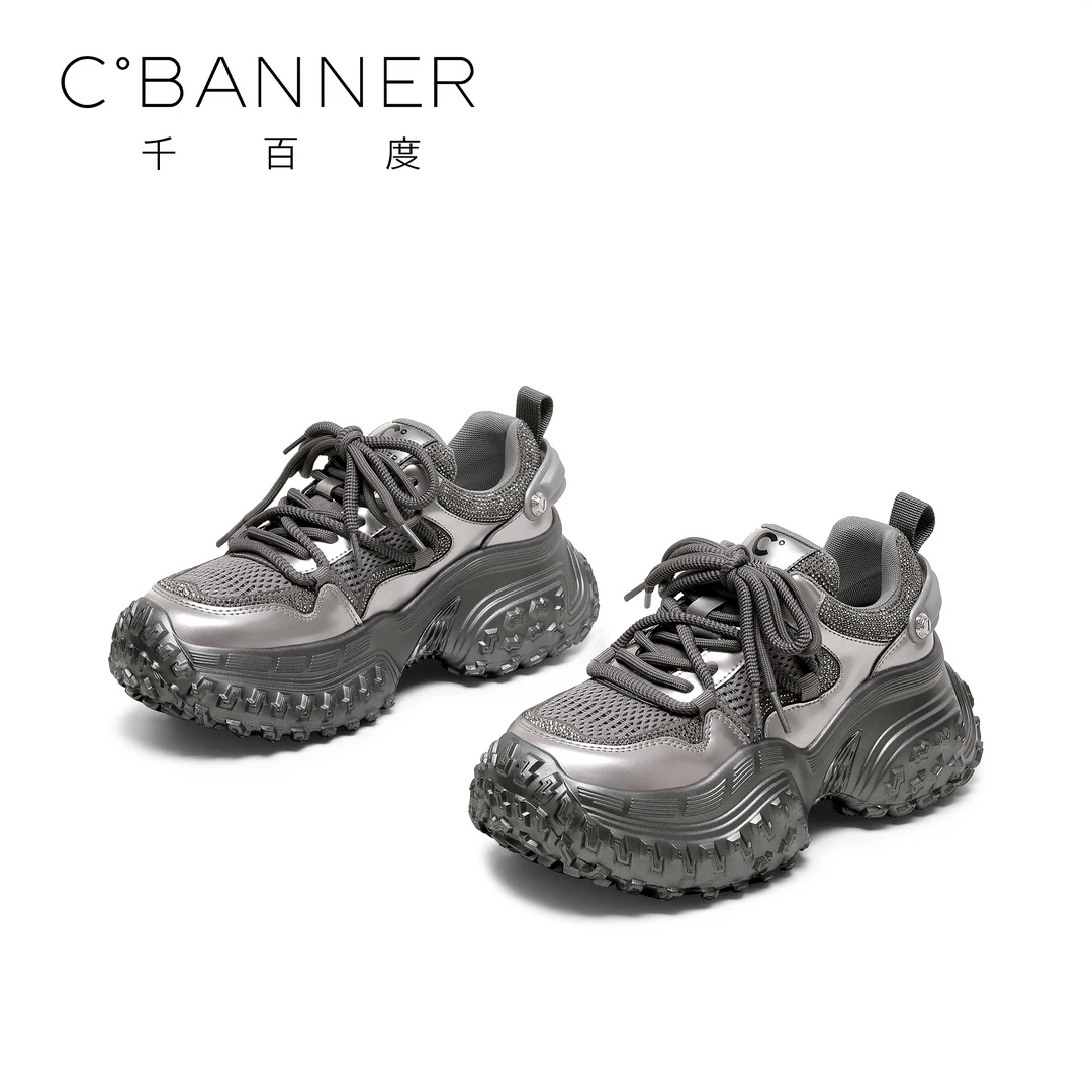 C.BANNER/千百度厚底潮流老爹鞋女2025款拼色时尚百搭系带运动鞋