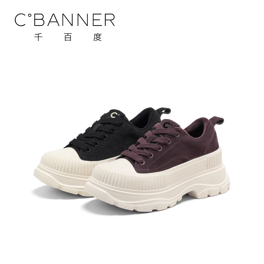 C.BANNER/千百度2025小众加绒百搭松糕板鞋时尚增高休闲鞋厚底女