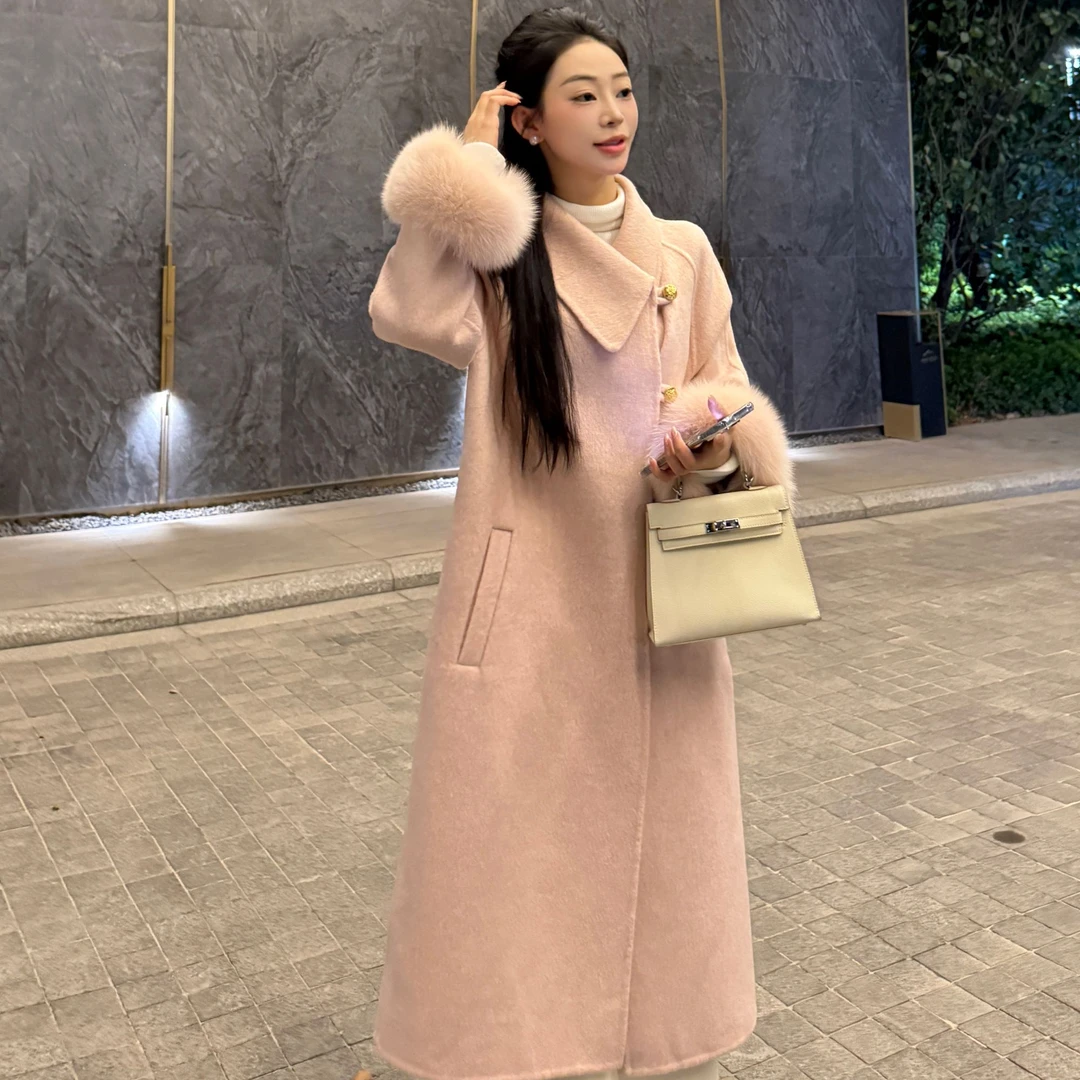 2025秋冬新款北欧情书双面羊毛大衣狐狸毛大衣双面呢外套中长款女