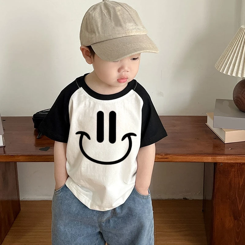 儿童宝宝夏季纯棉洋气笑脸印花短袖T恤男女童潮款韩版撞色打底衫