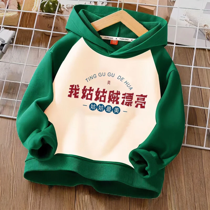 我姑姑贼漂亮~男女童宝宝春秋爆款趣味文字插色纯棉连帽卫衣童装