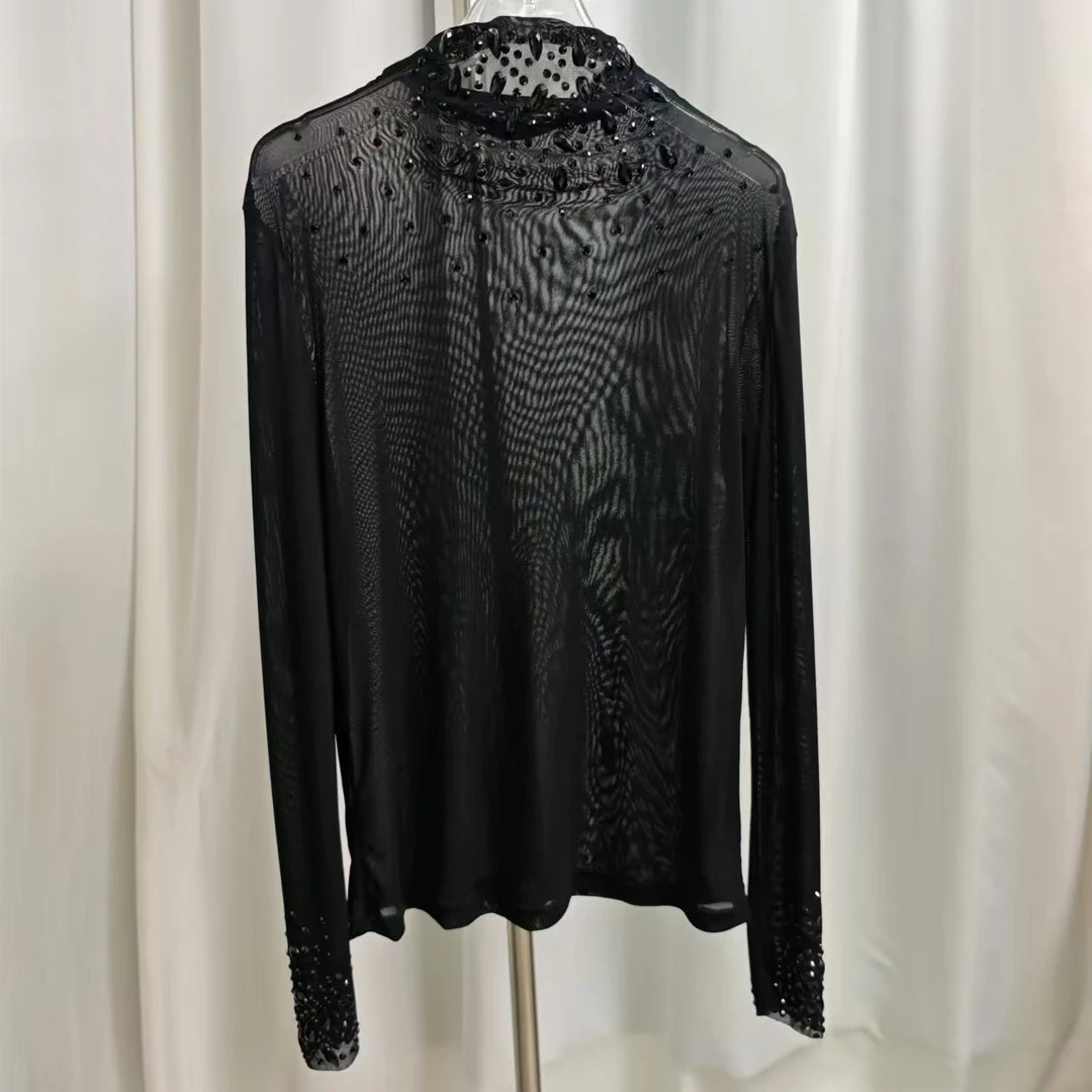 黑色秋季镂空显身材上衣女新款名媛风小高领针织衫气质【亚克力】