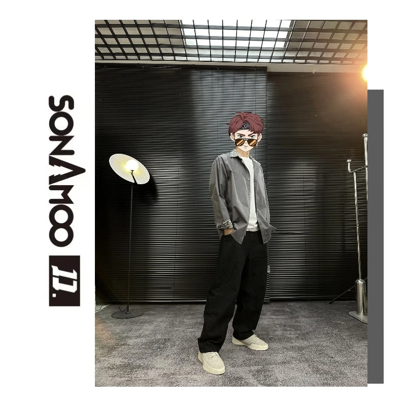 【末末专属】Sonamoo&D1翻领花纹刺绣时尚长袖衬衫男士宽松D13323