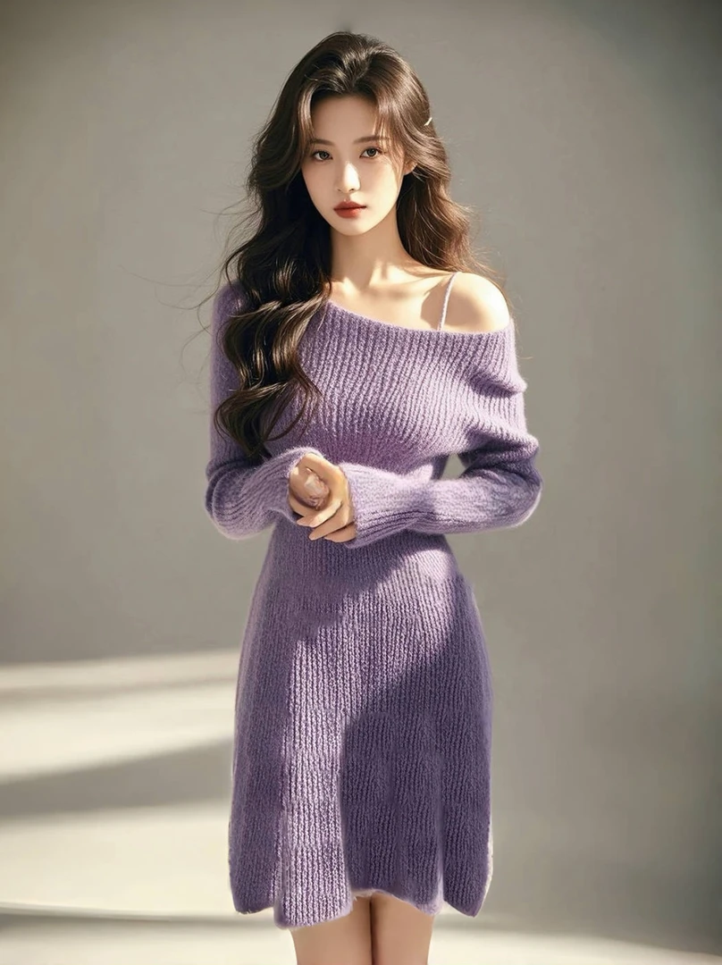 K016穿搭正式场合气质裙子小香风高端精致紫色一字肩连衣裙