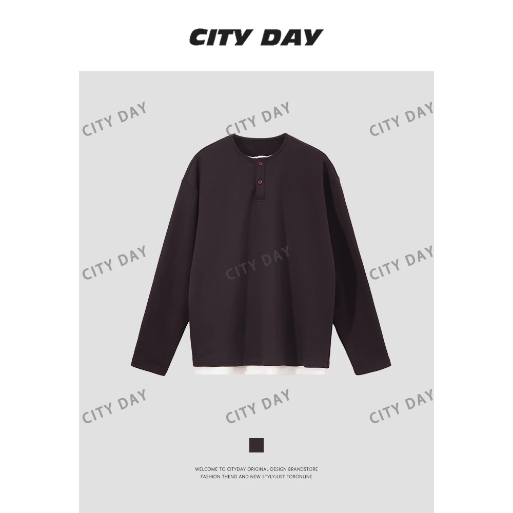 CityDay【潮灰私订】自留款老钱亨利领复古假两件长袖打底6222
