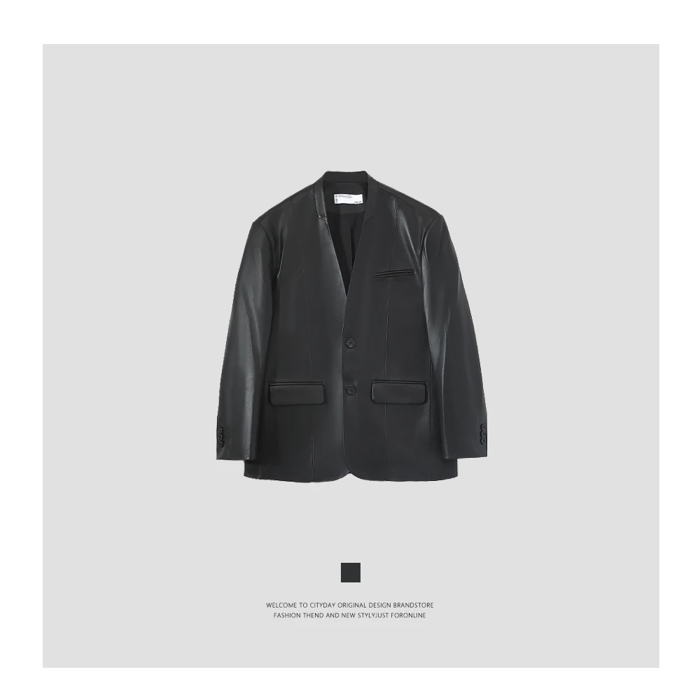 CityDay 【潮灰私订】新风尚V领澳洲100绵羊皮西装皮衣 7780