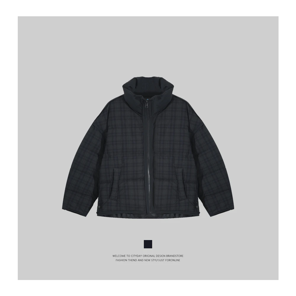CityDay【潮灰私订】蓝调时刻格纹拼接高领羽绒外套 99022