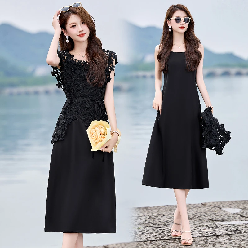 小香风蕾丝镂空马甲罩衫背心裙套装女夏季高级感吊带连衣裙两件套