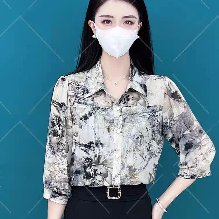 【源头工厂】夏季七分袖碎花气质衬衫洋气减龄显瘦设计感防晒上衣