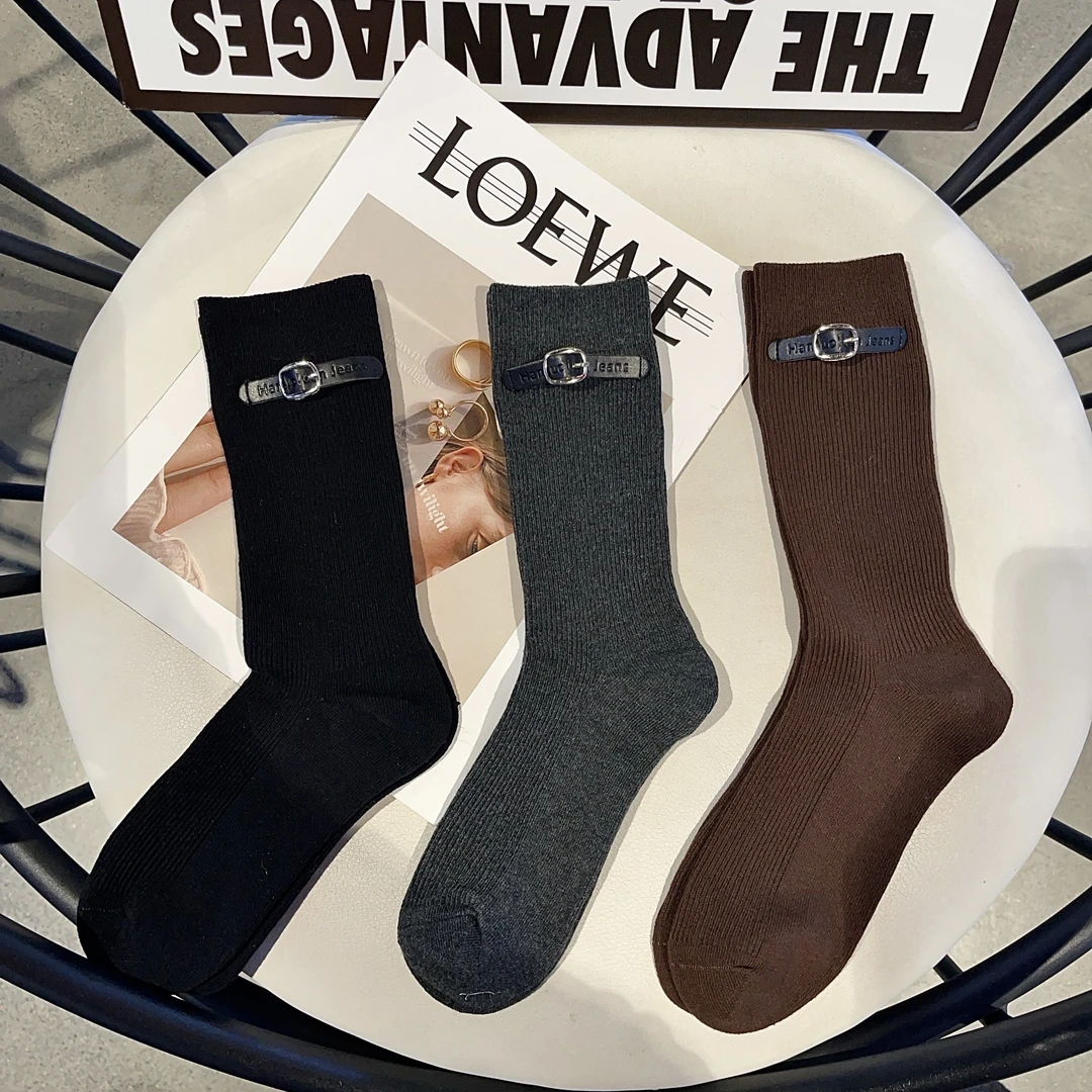 女士秋冬新款潮品双针纯色皮扣重工高筒潮袜袜子ins中筒日系韩版