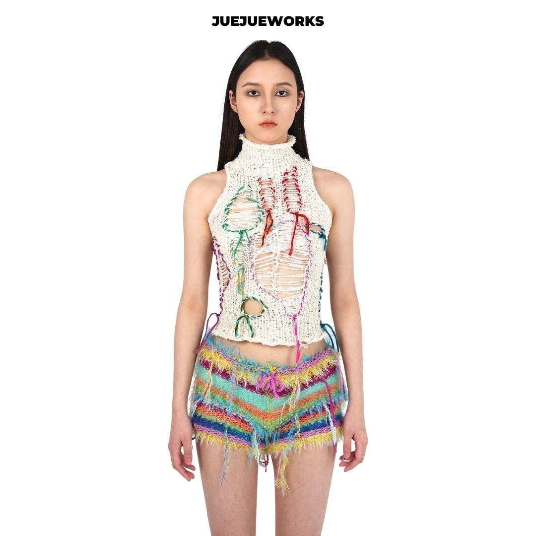 JUEJUEWORKS小月饼背心原创拼色高弹力纯手工毛线针织