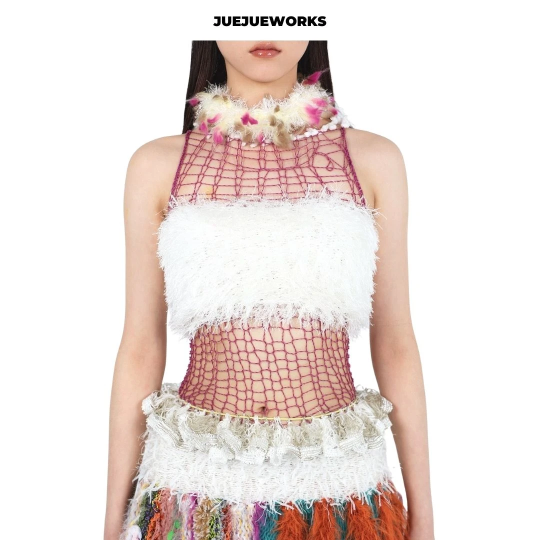 JUEJUEWORKS火龙果背心短袖高弹力原创手工拼接毛线针织