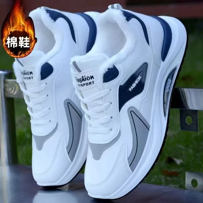 冬季加绒棉鞋男鞋新款防水透气运动鞋休闲鞋软底防滑男士皮面跑步