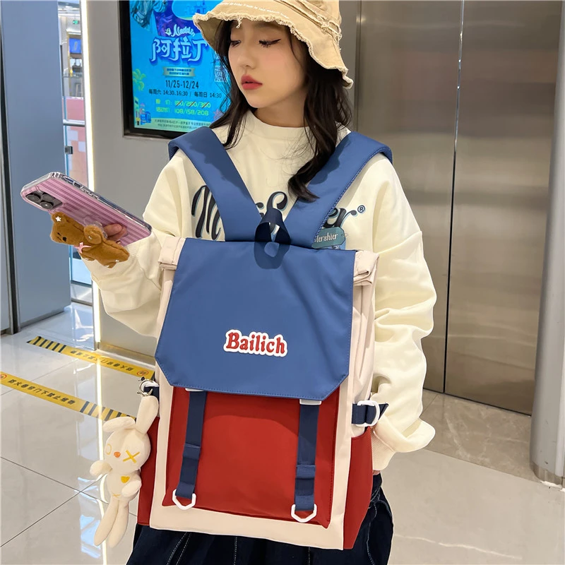 新款书包女ins森系撞色日系初中高中生校园双肩包电脑背包耐脏
