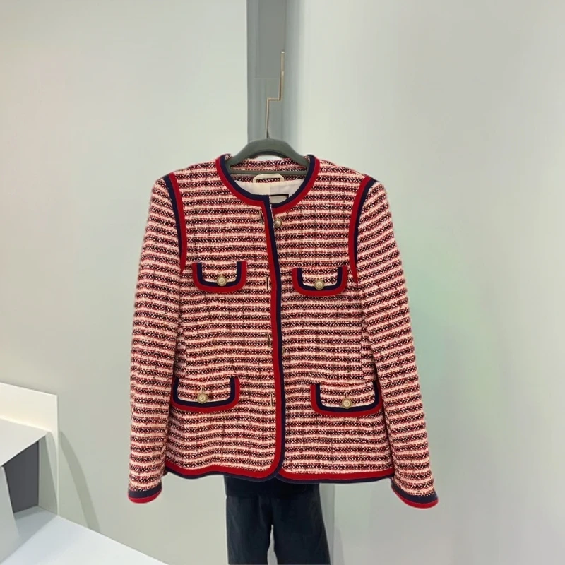 GUCCI/古驰红金条纹珍珠口粗花呢外套