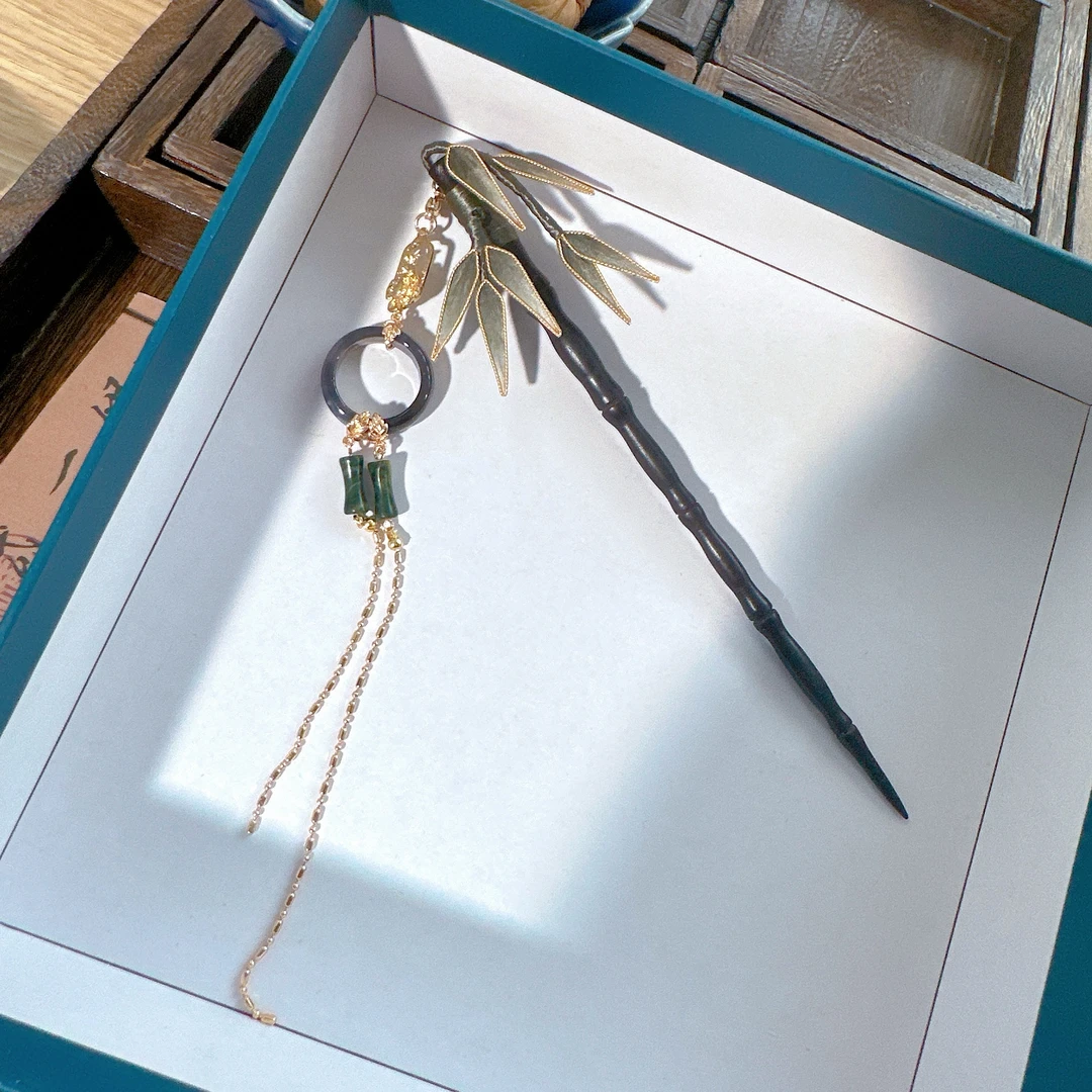 人间悦色原创设计掐丝绒花墨竹发簪国风气质手工